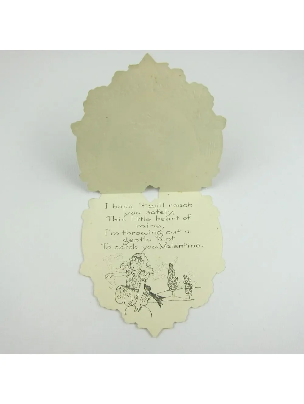 Vintage Valentine Card Die cut Girl Pink Dress & Hat Yellow Flowers Green & Gold